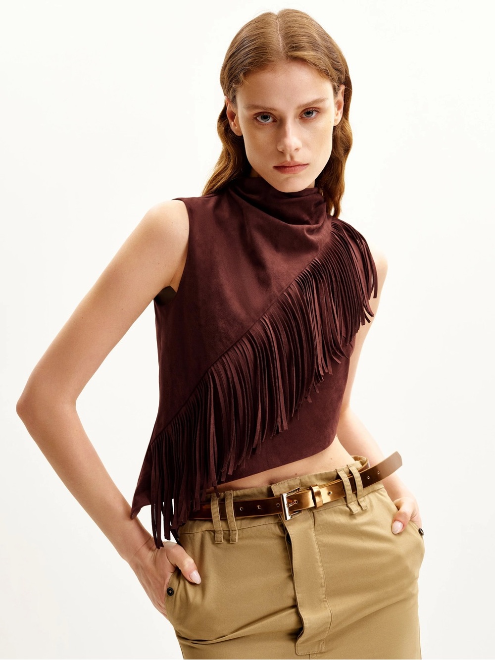 JW PEI Brown Sleeveless Fringe Mock Neck Top
